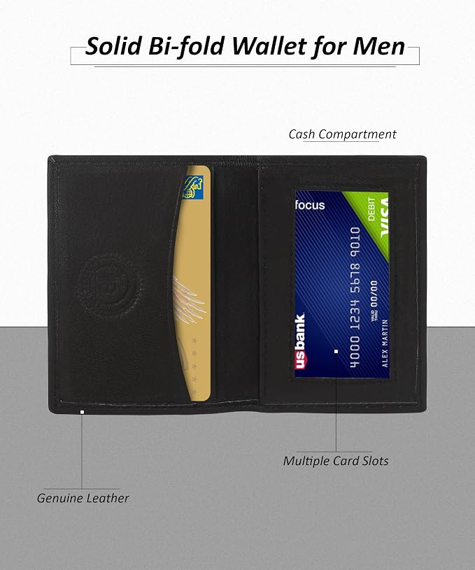 Leatherboss Genuine Leather Small Slim Bifold Wallet | Credit, Debit, ID Card Holder | Compact & Stylish with Clear ID Windows | Gift for Men, Black