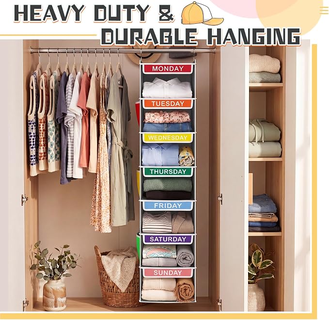 Amylove 2 Pcs 7 Shelf Weekly Clothes Organizer for Kids Hanging Closet Organizer 11. 8 x 11. 8 x 50 Inch Daily Activity Kids Clothes Storage Drawers Cube Drawers Closet Hanging Shelves (Grey)