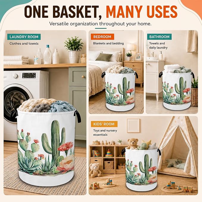 Cactus Succulent Laundry Basket,Greenery Flower Foldable Oxford Laundry Hamper with Handles,Collapsible Clothes Storage Basket for Bedroom,Bathroom,or Laundry Room,20.8 x 16 Inches
