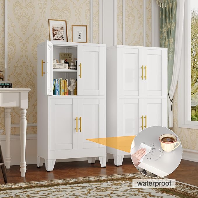 47“H White Metal Bathroom Storage Cabinet, Kitchen Pantry Cabinet with Doors and 3 Adjustable Shelves, Bathroom cabinets Organizer, for Home Office, Bedroom