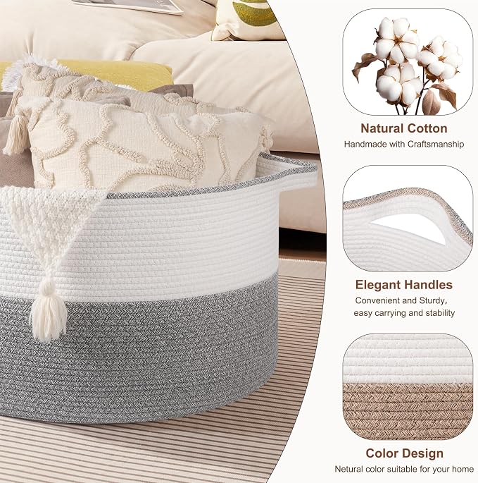 OIASKET XXL Large Blanket Basket with Handles, 105L Woven Storage Basket for Living Room, Cotton Rope Baby Toy Storage for Clothes, Pillows, Towels-Grey & White