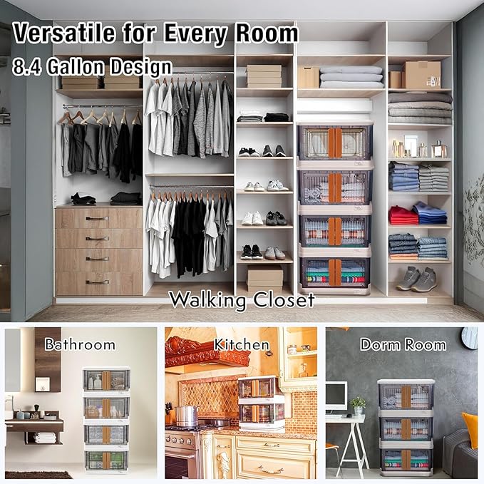 FELICON 8.4 Gallon 1 Pack Stackable Storage Bins with Lids,Doors,Wheels,Collapsible Organizer Foldable Container,Wardrobe Closet for Bedroom Living Room Neat,Dorm,Organized Homes(White)