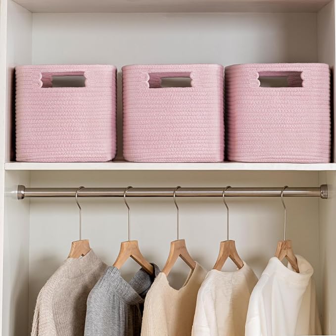 4 Pack Storage Baskets for Organizing, Shelf Baskets with Handles, Pink | 14.5"L x 9.8"W x 9"H, Woven Basket, Cotton Rope Basket, Toy Storage, Cube Shelf, Gift Baskets Empty, Home Decor