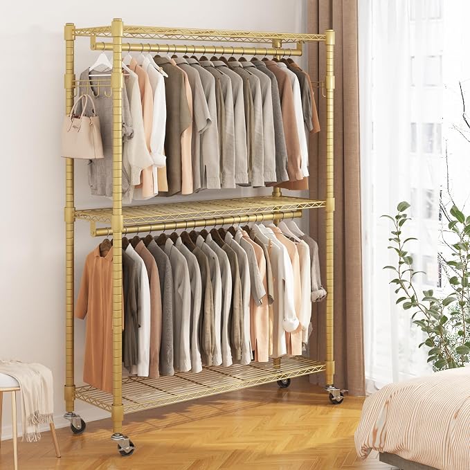 BATHWA Heavy Duty Rolling Garment Racks, 25mm Metal Pipe, 47.3"W x 17.7"D x 80.7"H Large Tall Portable Wardrobe Closet with 2 Rods, Wide Adjustable Shelves and Hangers, Clothing Hanging Storage, Gold