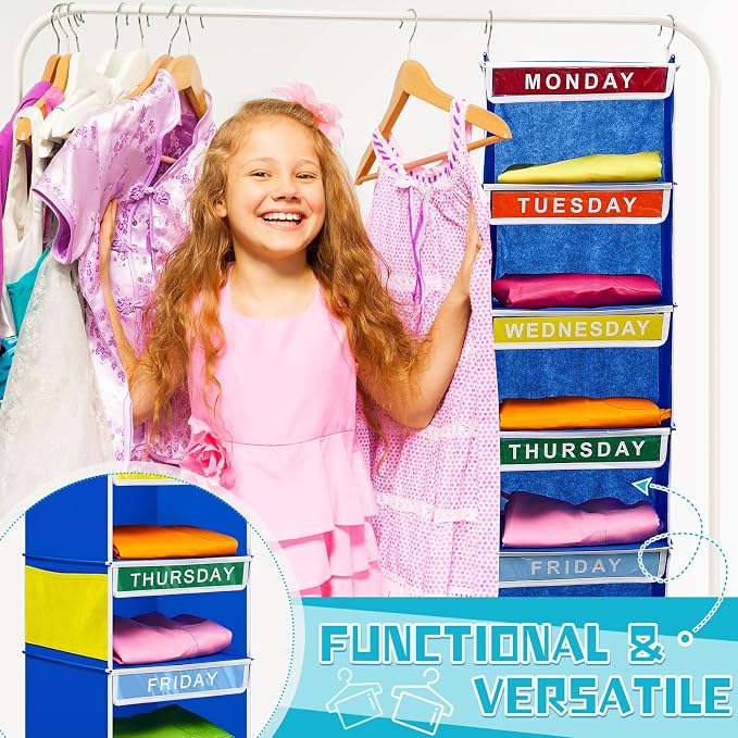 Amylove 2 Pcs 7 Shelf Weekly Clothes Organizer for Kids Hanging Closet Organizer 11. 8 x 11. 8 x 50 Inches Daily Activity Kids Clothes Storage Drawers Cube Drawers Closet Hanging Shelves(Blue)