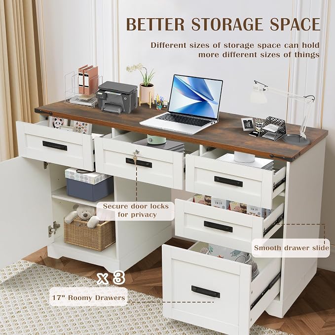 Grepatio 60" Farmhouse Executive Desk with Drawers, Wood Home Office Desk with Charging Station, Keyboard Tray, Computer Writing Desk with Filing Cabinet Drawers for Work Study, Antique White