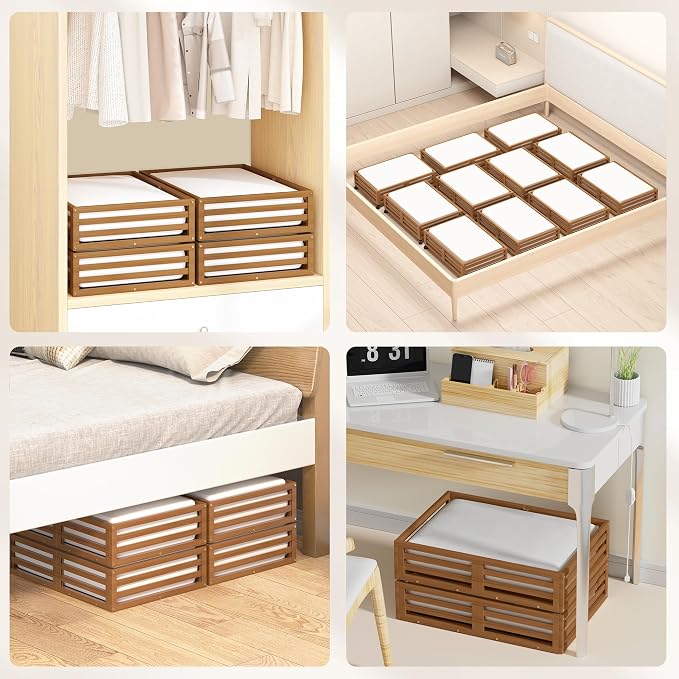 Wisuce 2 Packs Bamboo Under Bed Storage Organizer with Wheels Brown Small | 360° Lockable Wheels,120lbs Load Capacity, Multi-scene ,Dustproof Clear Storage Bag, Large Capacity,Easy Quick Assembly
