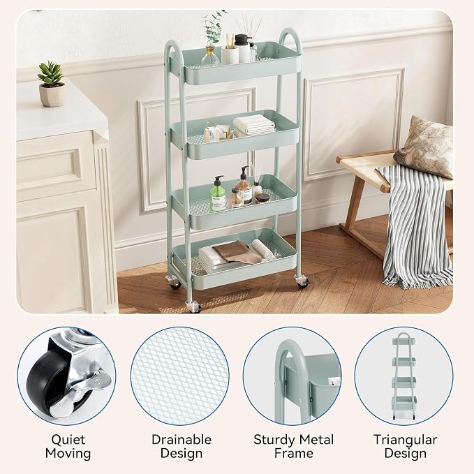 NEWBULIG 4-Tier Metal Rolling Cart with Lockable Wheels, Heavy Duty Mobile Utility Storage Shelf, Roller Book Snack Cart, Green