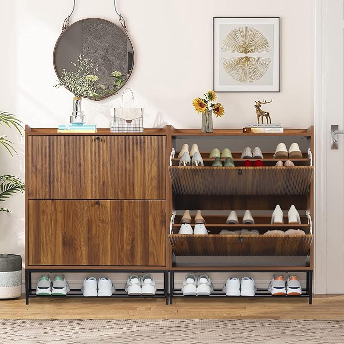 RARZOE Set of 2 Fluted Shoe Cabinets for Entryway with 2 Flip Drawers, Narrow Wood Shoe Cabinet with Fluted Panel, Freestanding Hidden Shoe Rack with Metal Legs for Foyer,Hallway(31.5''Walnut)