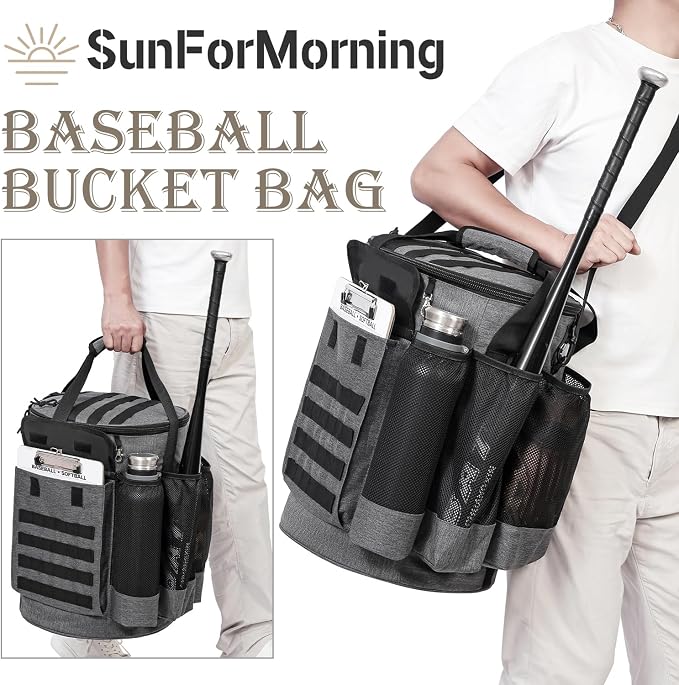 Baseball Bucket Bag Baseball Coaching Accessories Organizer Tactical Style Softball Bucket Bag with Anti-Slip Bottom, Multiple Pockets for Bat, Gloves, Scoreboards