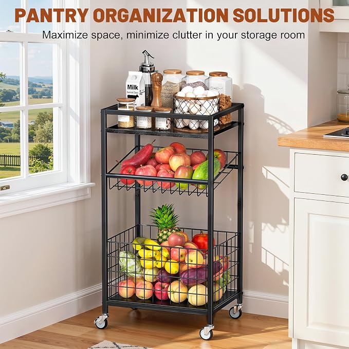 Fruit Vegetable Cart, 3-Tier Snack Cart on Wheels & Wood Top, Black | Vegetable Rack For Kitchen, Kitchen Cart Organizer for Fruit, Vegetables, Potato, Snack