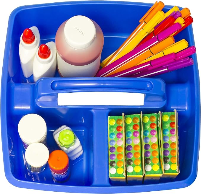Storex 3-Compartment Small Caddy – Multipurpose Classroom Organizer with Handle, Azure, 6-Pack (00947A06C)