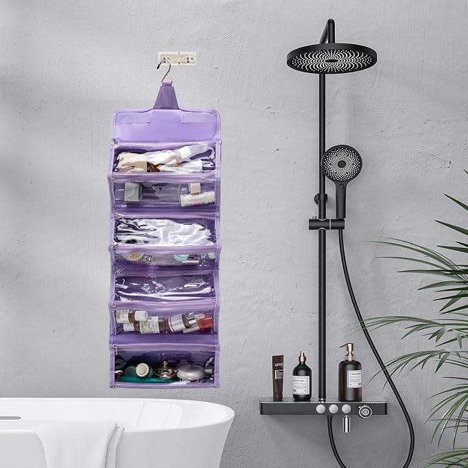 ROYALFAIR Roll Up Makeup Bag, Waterproof Toiletry Bag for Women, Hanging Travel Organizer bags with Jewelry Organizer Compartment, Extra Large 4 Clear TSA Approved Pouches Cosmetic Makeup (violet)