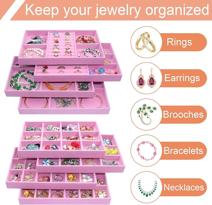 Stackable Jewelry Organizer Trays 8 Set, X-Large Jewelry Display Case Storage for Earring Necklace Rings Bracelet Watch with Removable Dividers