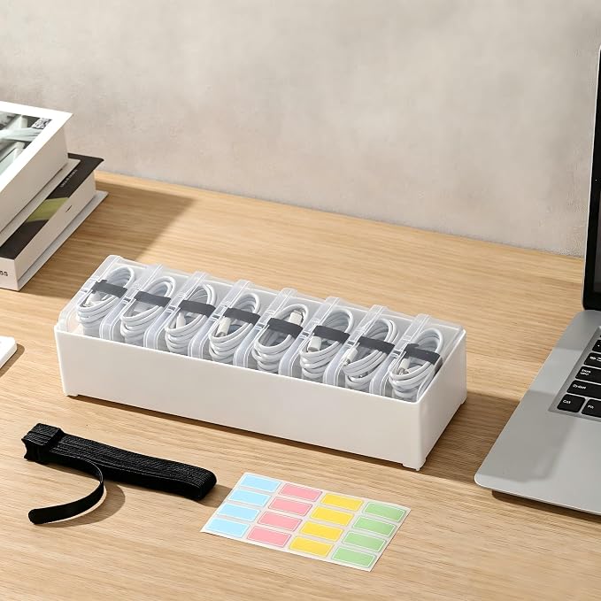 Large Cable Organizer Box with 8 Clear Switch Case, 1 Pack Clear Phone Charger Cable Organizer Box for Home Office Desk Accessories Wire Organization Stationery Supplies (white)