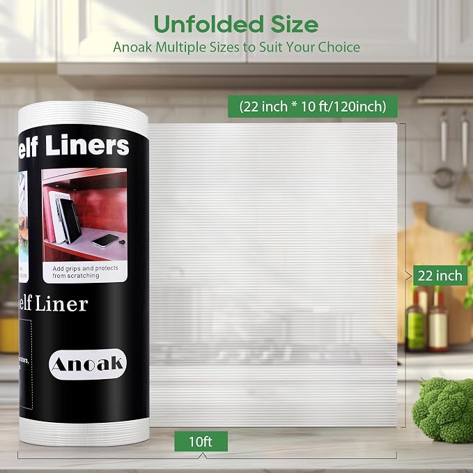 Anoak Shelf Liner - Non-Slip Cabinet Liner, 22 Inch x 10 FT(120 Inch) Durable Waterproof Washable Oil-Proof for Kitchen Cabinet, Shelves, Refrigerator, Storage, Desks, Non Adhesive