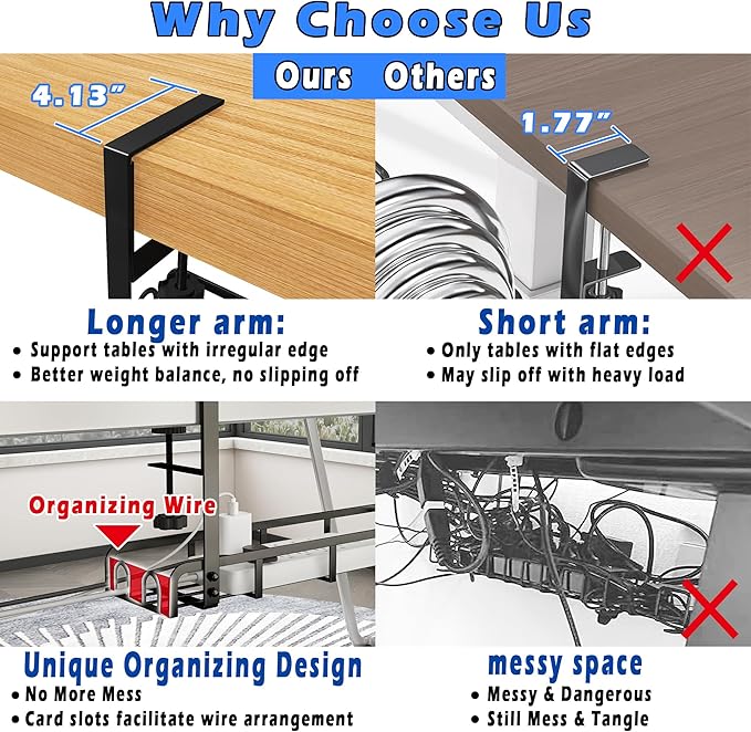 Sleclean Under Desk Cable Management Tray, Upgraded Long Arm Clamp, 16.6"x4.7" No Drill Steel Organizers, Cable Tray with Clamp for Wire Management, Home - No Damage to Desk
