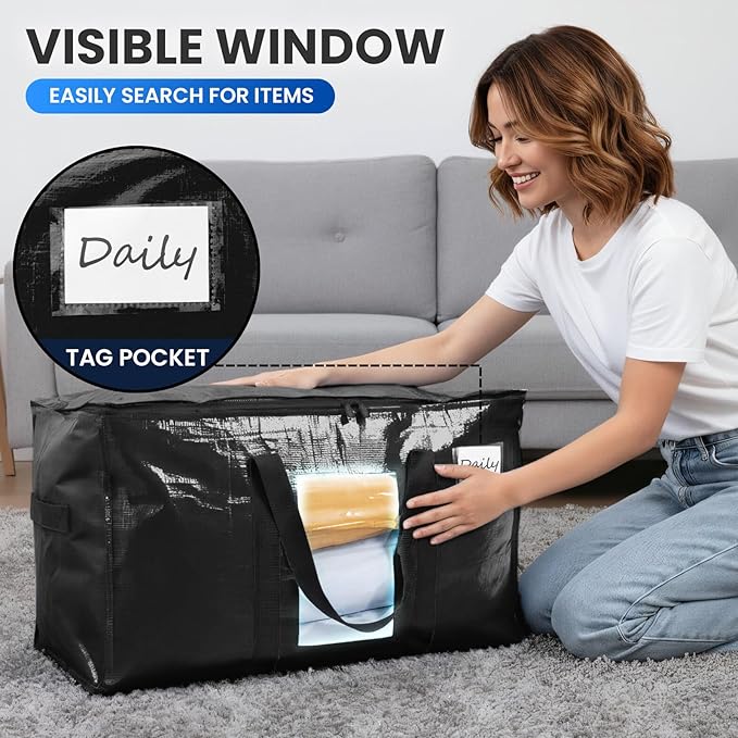 TAILI Extra Large Moving Bags, 8 Pack Black Heavy Duty Totes For Storage with Visible Window, Wrap Around Handles, Storage Bags for Space Saving, Alternative to Moving Boxes