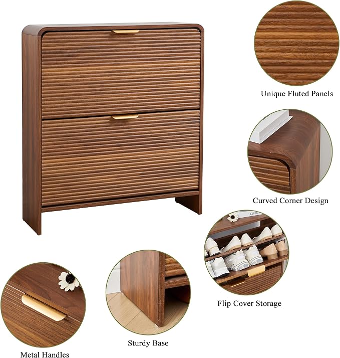 RARZOE Fluted Shoe Cabinet with 2 Flip Drawers, 29.5''Walnut | Narrow Curved Shoe Storage Cabinet, Freestanding Wood Hidden Shoe Organizer Closed Shoe Rack for Entryway Foyer, Hallway