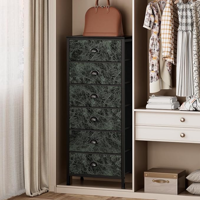 Furnulem Dresser for Bedroom, 6 Drawer Tall Storage Tower Unit and Chest | Vintage Green Fabric Drawer Organizer in Dorm, Vertical Tall Nightstand Furniture in Living Room,Closet, Metal Frame,Wood Top