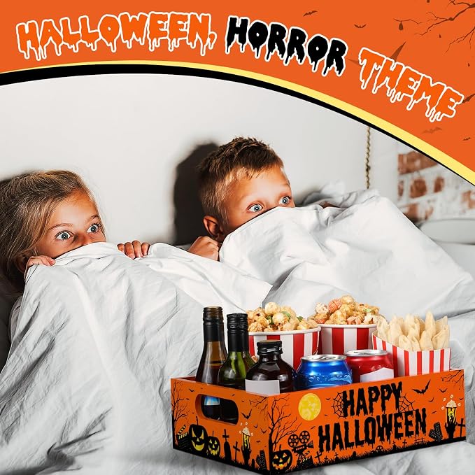 Movie Night Supplies Snack Trays with Handles Reusable Wooden Movie Gift Basket for Theater Popcorn Bucket Bowl Box Container Family Room Decor(Halloween Style)