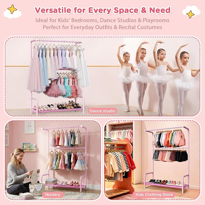 LOVEGRASS Kids Clothing Rack Double Rods for Bedroom Playroom Pink | Double Rod Design, Powder Coated Steel, Bottom Storage Shelf, for Baby Toddler Clothes, Dress Up, Nursery, Bedroom, Playroom