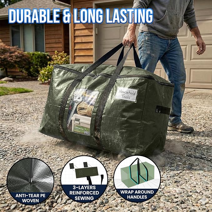 TAILI 12 Pack Green Extra Large Storage Bags, Heavy Duty Totes with Visible Window, Wrap Around Handles, Perfect for Moving and Storage
