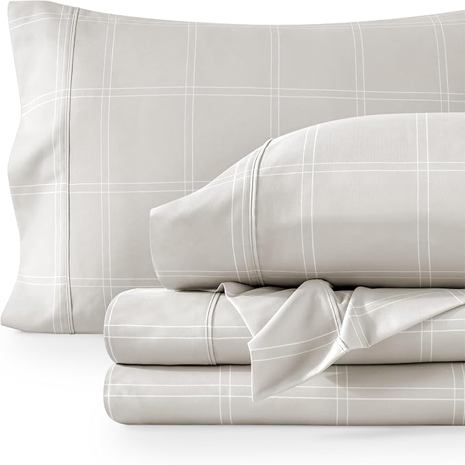 Bare Home Twin Sheet Set - Luxury 1800 Ultra- Soft Double Brushed Microfiber - Deep Pockets - Easy Fit - 3 Piece Bedding Sheet Set (Twin, Modern Plaid - Stone/White)