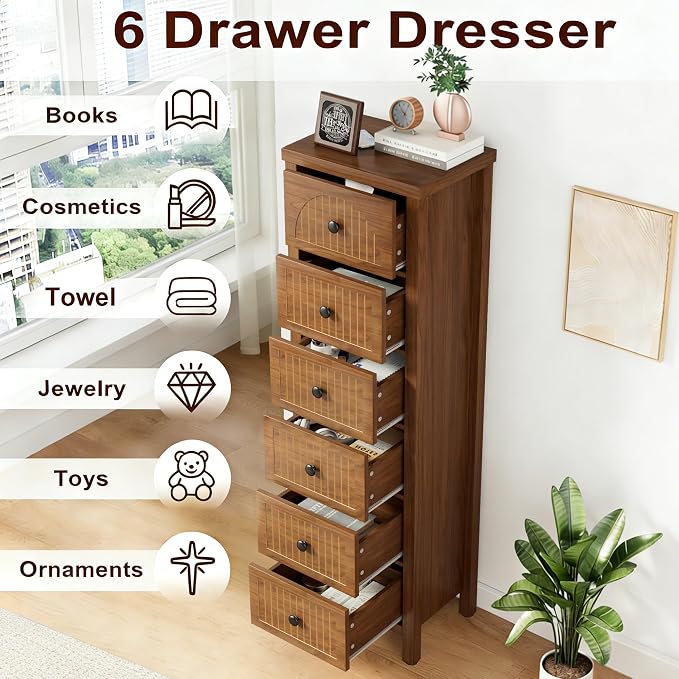 Lxsxlome 6 Drawer Dresser for Bedroom,Modern 52.55'' Tall Wood Chest of Drawers, Storage Organizer with Fluted Panel & Anti-Tip Kit for Closet, Hallway, Living Room,Nursery (Walnut, 6 Drawers)