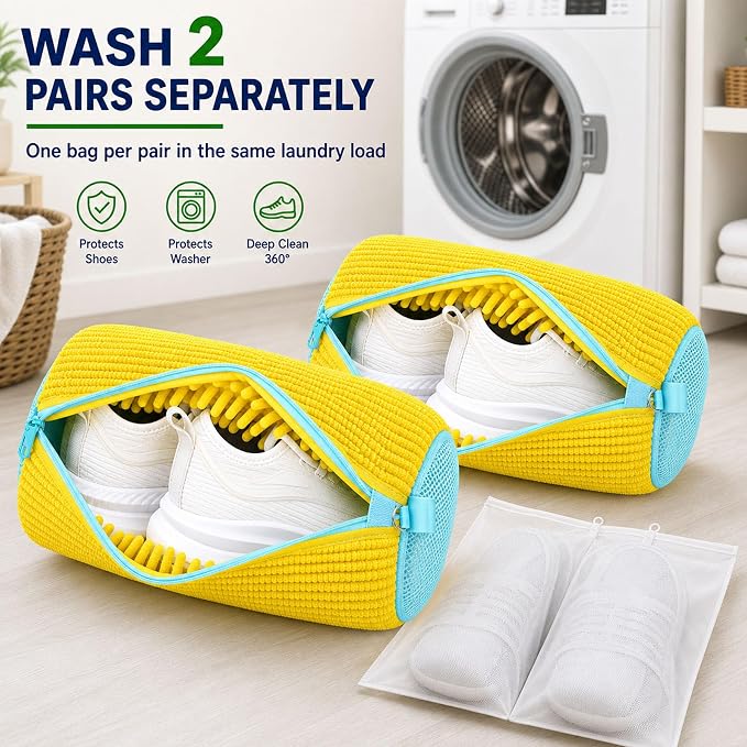 Shoe Washing Machine Bag 2 Pack with 2 Dust Bags for Washer Dryer | Chenille Microfiber Lining, 17 x 7.5 inch Cylindrical Shape, Auto-Lock Zipper, Foldable Yellow Laundry Wash Cleaner Pouches