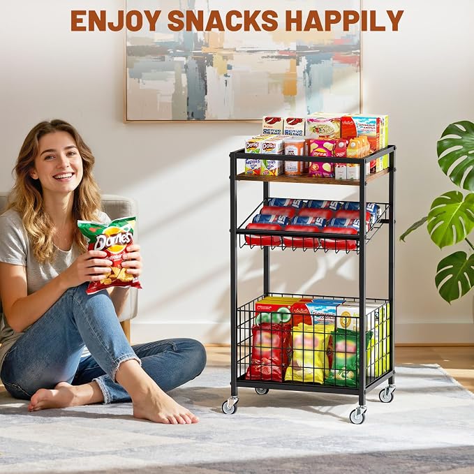 Fruit Vegetable Cart, 3-Tier Snack Cart on Wheels & Wood Top, Brown | Vegetable Rack For Kitchen, Kitchen Cart Organizer for Fruit, Vegetables, Potato, Snack