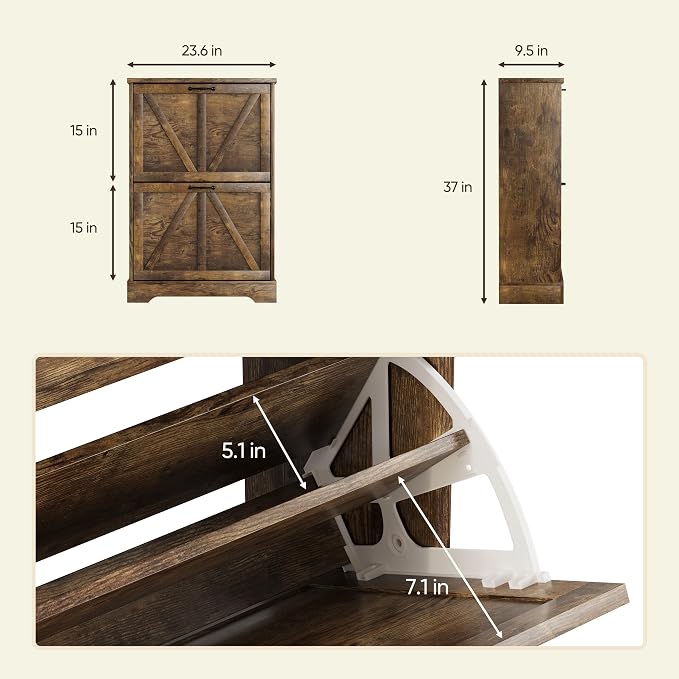 Semiocthome Farmhouse Shoe Storage Cabinet with 2 Flip Drawers, 23.6"(W) Freestanding Shoe Organizer with Barn Door and Metal Handles for Entryway, Corner Narrow Shoe Rack Cabinet - Rustic Brown