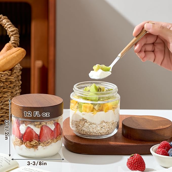 Danmu 12 oz Overnight Oats Containers with Lids,Glass Jars with Lids 6 Pack | Wooden Lid,Mason Jars 12 oz with Lids,Meal Prep,Yogurt,Leak-proof,Dishwasher Safe(remove lids),Fridge Safe,Portable