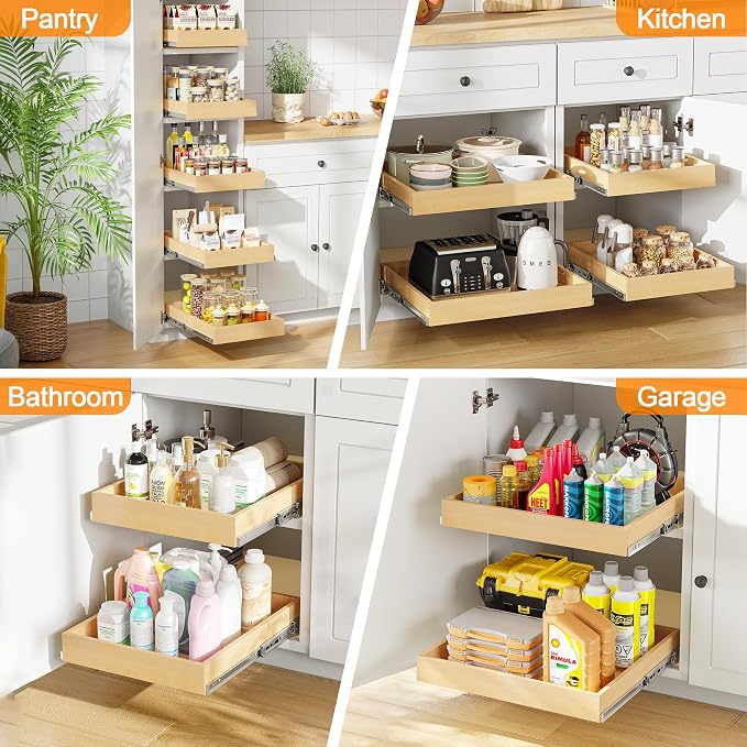 Pull Out Cabinet Organizer, 32" W x 21" D | Soft Close Pull Out Drawers for Cabinets with Heavy Duty Slides, Wood Slide Out Drawers for Kitchen Cabinets