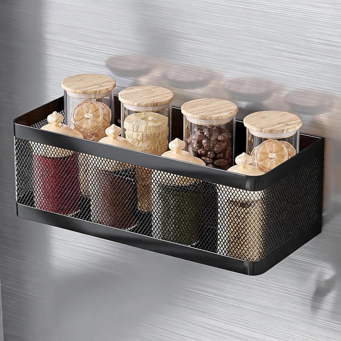 1 Pcs Magnetic Spice Shelf Rack For Fridge,Magnet Fridge Basket | Heavy Duty Magnetic Shelves,Carbon Steel,4.02inch High,Magnetic Basket For Fridge,Laundry room