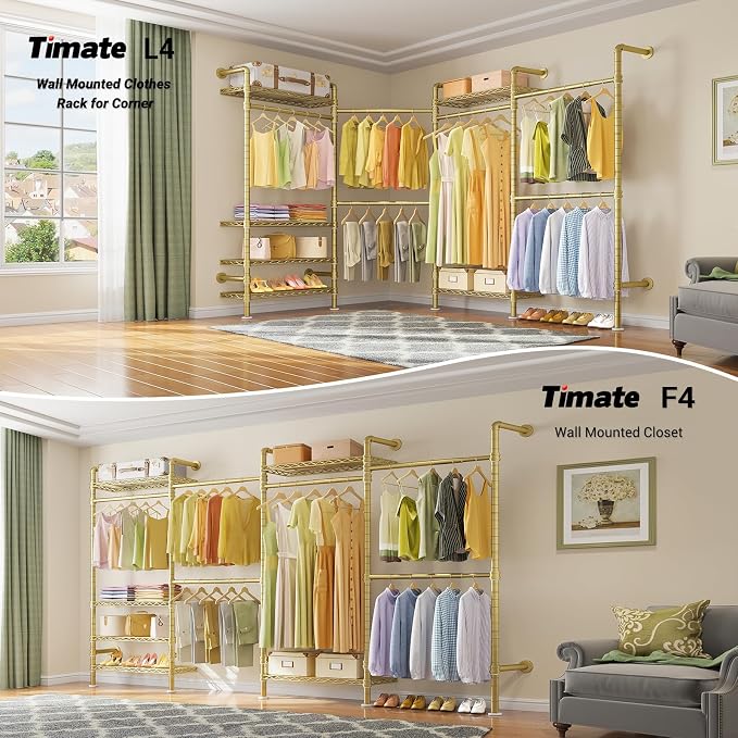 Timate L4 L Shape Garment Rack Heavy Duty for Hanging Clothes, Expandable Industrial Pipe Clothing Rack, Wall Mounted Closet Organizer Large Wardrobe Kit Corner System Gold
