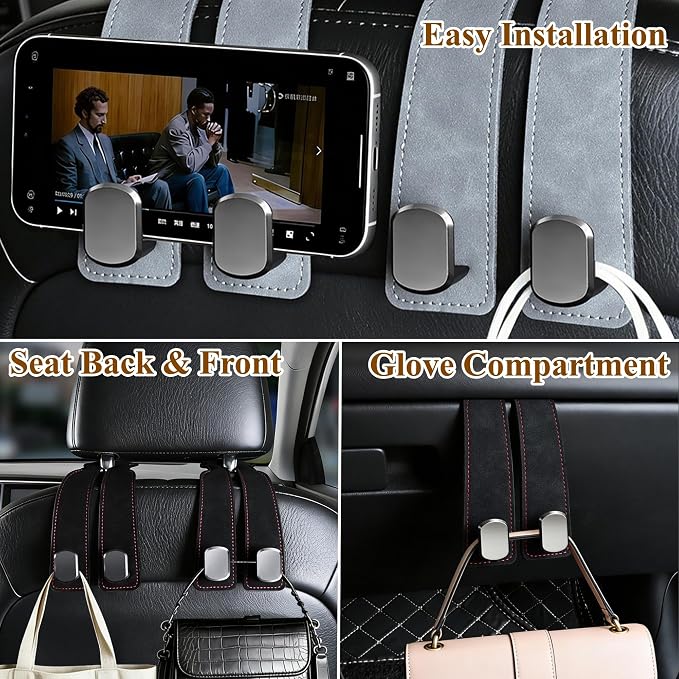 2-Pack Car Hanging Hooks for Car Seat Back & Glove Box, Black | Dual-Use Purses & Bags Hanger for Car With Metal Hooks - Keep Floor & Seats Clutter-Free, Car Interior Organizer Accessories