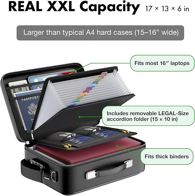XXL Legal-Size Fire & Water-Resistant Document Box with TSA Lock - Hard-Shell Case (17×13×6 in) Hard Case File Organizer for Important Documents, Laptop, Passport, Wills & Certificates (Black)