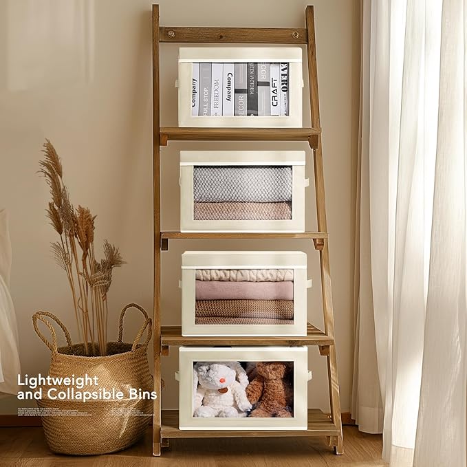 Homsorout Storage Bins with Lids - Fabric Closet Storage Bins with Window, Collapsible Baskets for Shelves 4 Pack, Home Decorative Boxes for Clothes, Closet, Office, Beige
