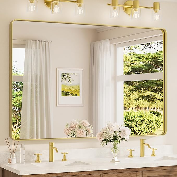 TETOTE 60 x 40 Inch Brushed Gold Frame Mirror, Brass Bathroom Vanity Mirror for Wall, Modern Rectangle Round Corner Matte Framed Mirror (Horizontal/Vertical)