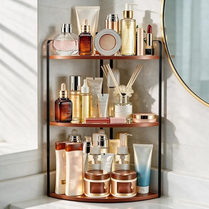 3 Tier Corner Bathroom Counter Organizer, Countertop Organizer, Makeup Organizer Countertop, Bathroom Storage Sink Shelf, Wooden and Metal Counter Shelf (Red Brown)