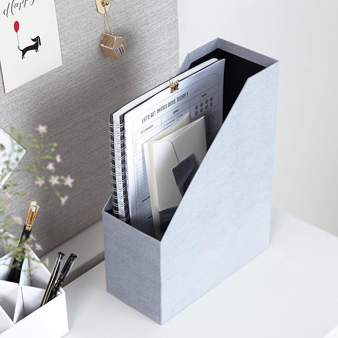 Bigso Box of Sweden Estelle Canvas Fiberboard Upright Magazine Storage Box | Magazine Holder & Organizer for Papers & Catalogs w/Leather Handle for Office Desks | 12.6in x 4.5in x 9.8in | Ash