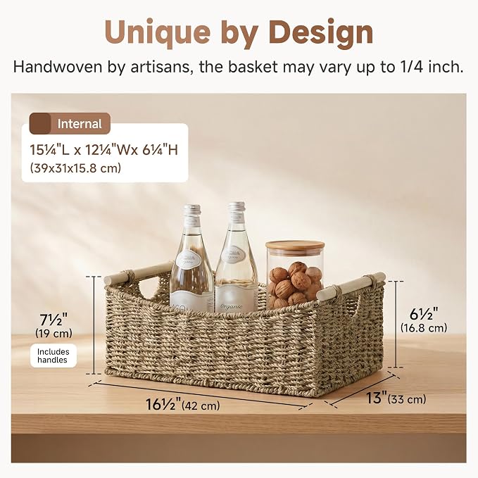 StorageWorks Large Wicker Baskets for Organizing, Seagrass Storage Baskets with Handles, Woven Baskets for Pantry Storage, 16½" x 13" x 7½", 1-Pack