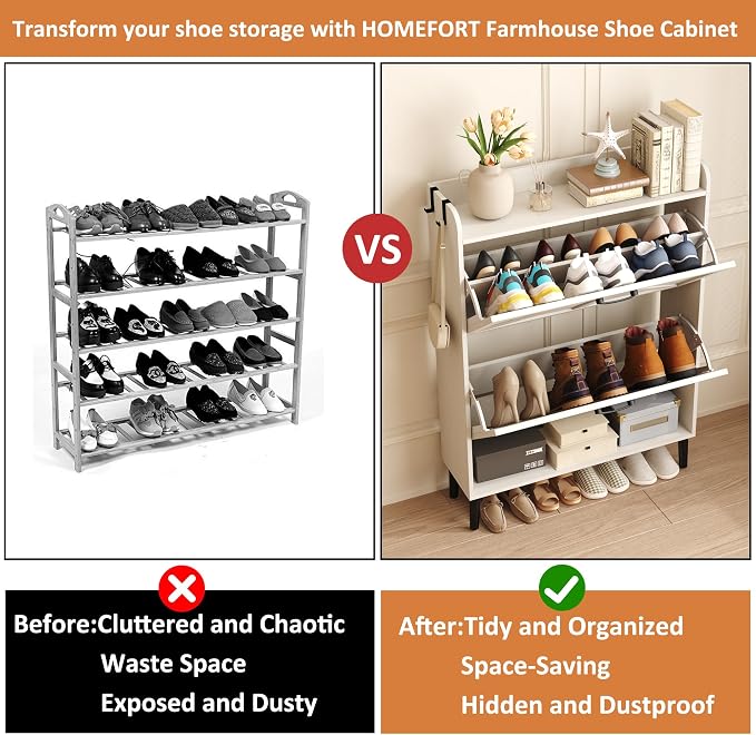 HOMEFORT Shoe Storage Cabinet for Entryway, Slim Shoe Organizer with Two Flip Drawers, Narrow Shoe Holder with Wood Legs, Farmhouse Hidden Shoe Cabinet for Front Door Entrance,Antique White