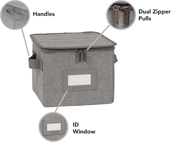Covermates Keepsakes Zip-Top Storage Box Set, 3 Pack Heavy Duty Polyester Organizer Bins, Stackable Design, ID Window, Reinforced Handles, Closet Home Storage, Grey Heather