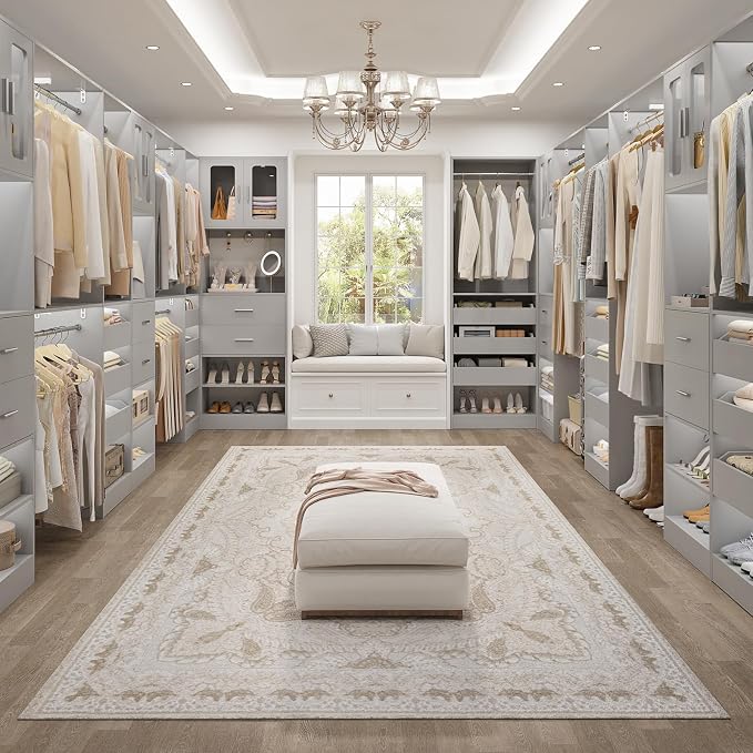 6.7FT-10FT Closet System Set with Half-Open Drawers, 80.5''-120" Wooden Modular Wardrobe Set with Shelving Towers, 80'' Height Closet Organizer with Hanging Rods and 2 Big Wing Shelves, Grey