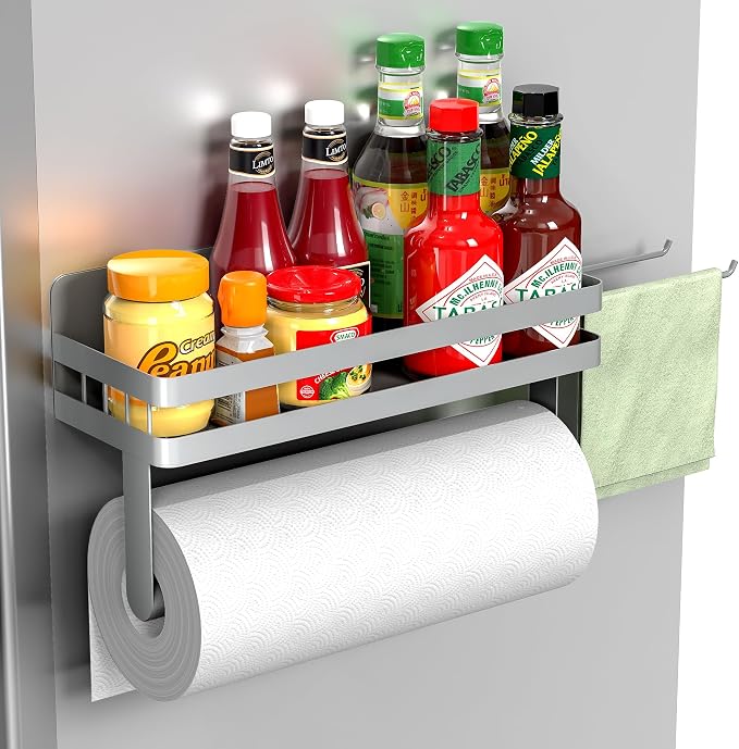 ZUNTO Strong Magnetic Paper Towel Holder for Fridge, Multifunctional Spice Rack Organizer with 2 Detachable Hooks, No Drilling Kitchen Storage for RV & Bathroom, Light Gray