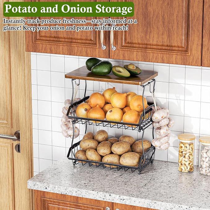 OKZEST 3-Tier Fruit Basket Fits Between Countertop & Upper Cabinet, 16.8" H | Includes wood top & banana hangers, Stackable kitchen countertop organizer, Holds potato, onion, bread, snack, fruit, veggie