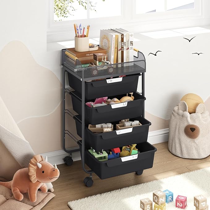 SYKIARIOL 4-Drawer Rolling Storage Cart with Mesh Top, Utility Craft Organizer Cart on Wheels with DIY Labels, Rolling Drawer Cart for Home Office Classroom Bedroom, Black