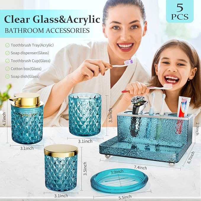Glass Bathroom Accessories Set 5Pcs Crystal - Foaming Soap Dispenser, Soap Dish, Cup, Acrylic Toothbrush Holder with Tray Organizer, Qtip Jar, Bathroom Counter Set Sink Decor (Teal)